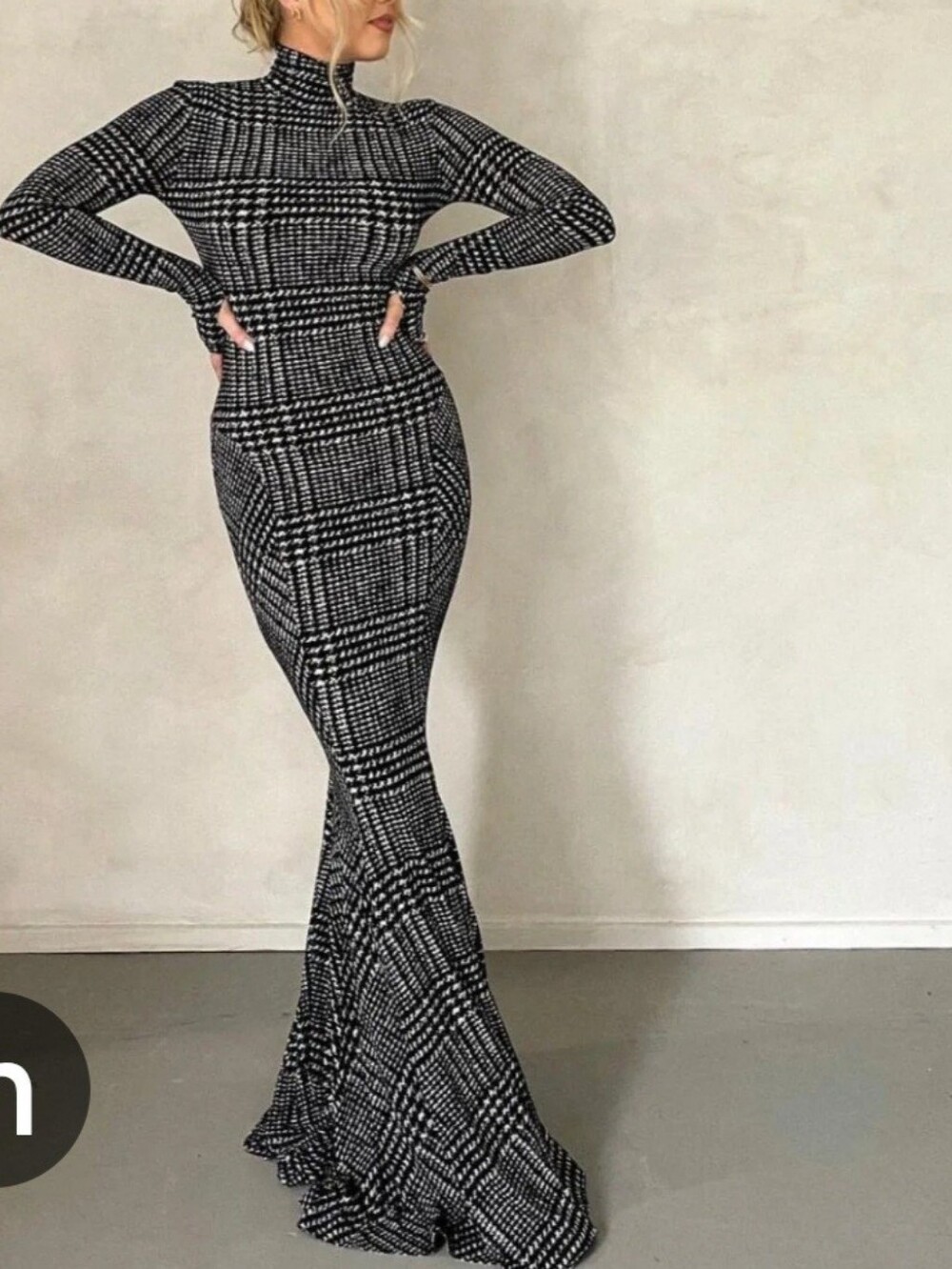 Norma Kamali Black & White Plaid Turtleneck Maxi Dress
